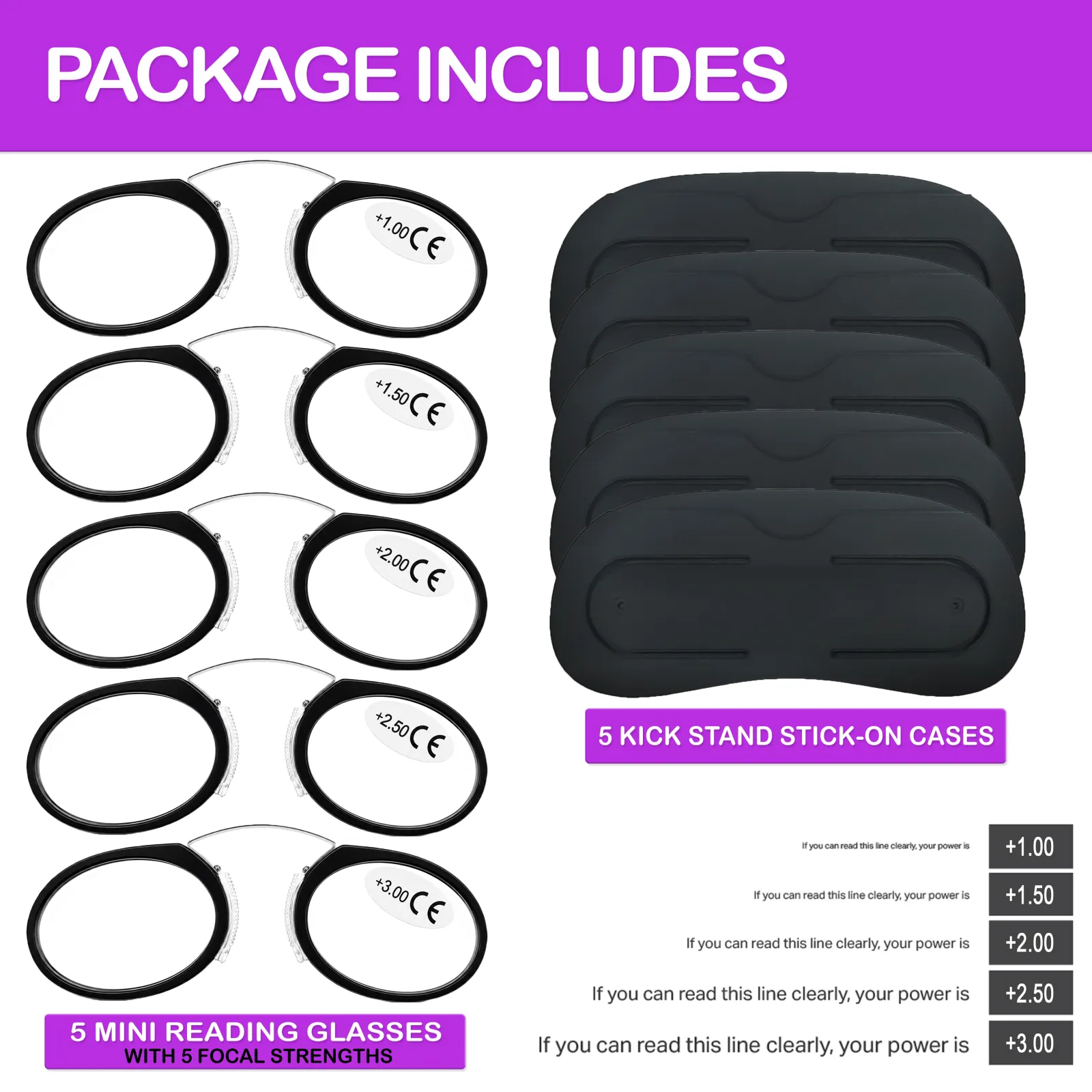 Reading glasses variety 5-pack with five mini armless readers, adhesive cases and assorted magnification strengths 1,1.5,2,2.5,3 magnifications